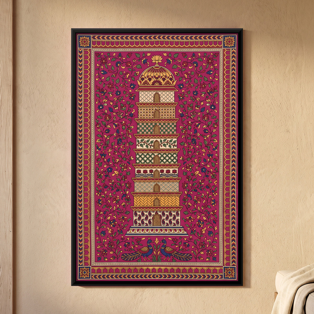 Tiered Tower with Peacocks - framed canvas art hung on a wall