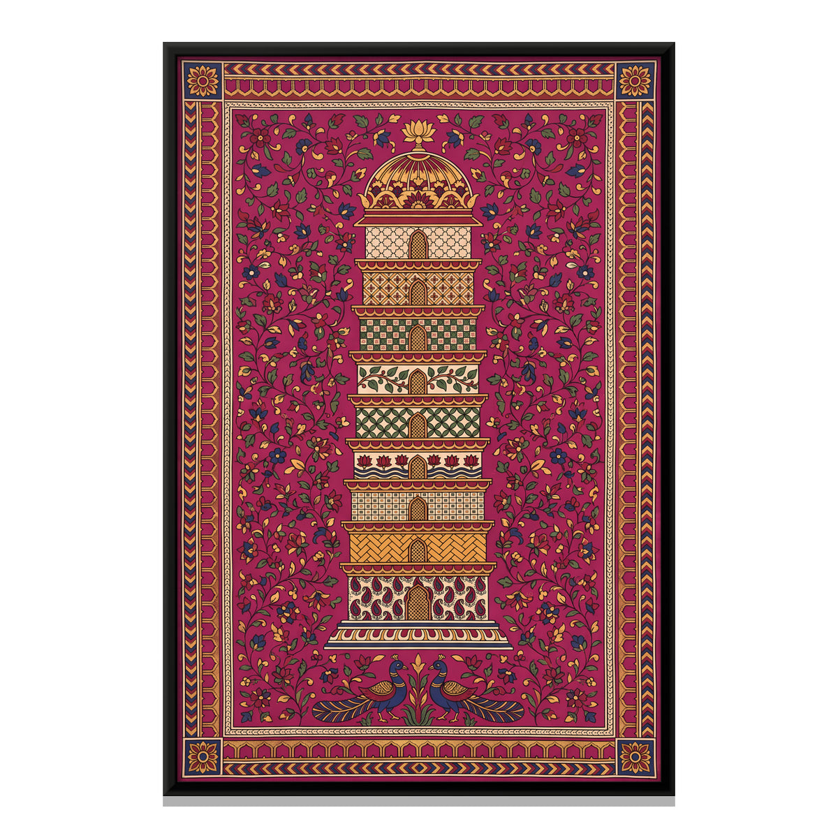 Tiered Tower with Peacocks - framed canvas print, front view