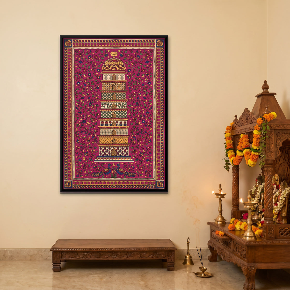 Tiered Tower with Peacocks - canvas art shown in a styled room