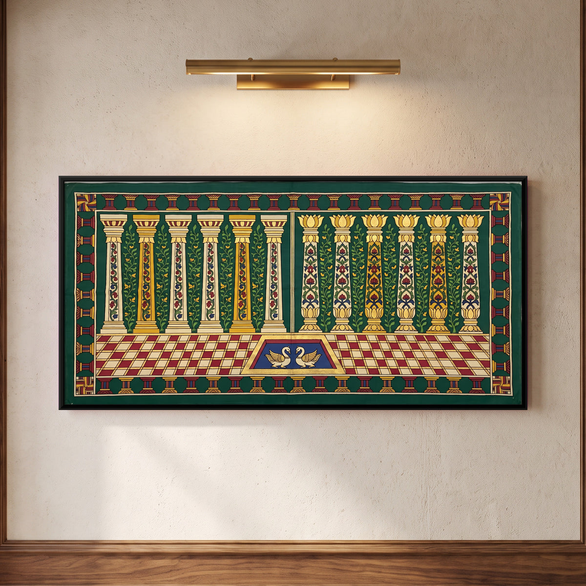 Cypress Colonnade with Swans - framed canvas art hung on a wall