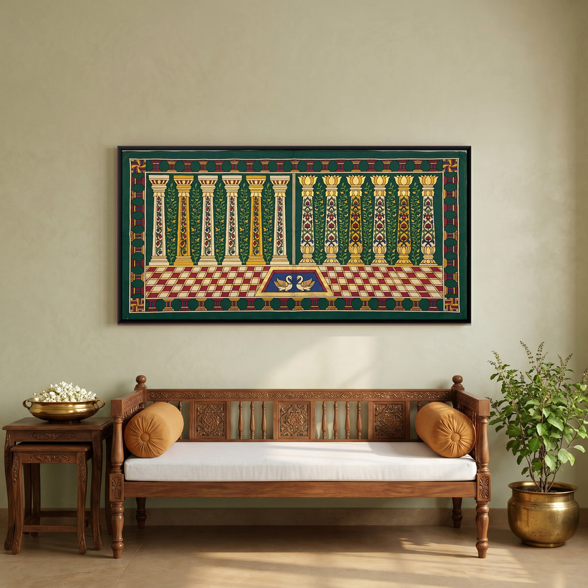 Cypress Colonnade with Swans - canvas art shown in a styled room