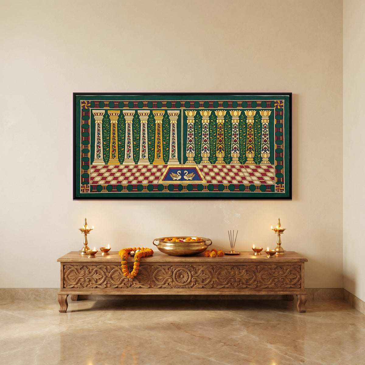 Cypress Colonnade with Swans - canvas art shown in a second room setting