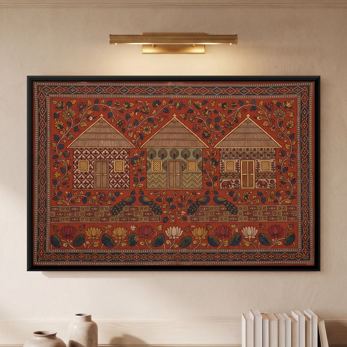 Three Village Houses - framed canvas art hung on a wall