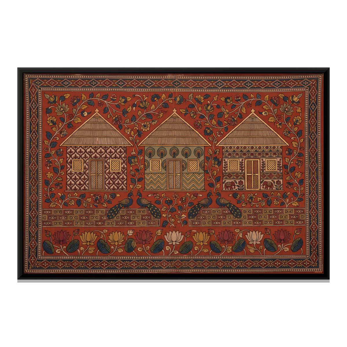 Three Village Houses - framed canvas print, front view