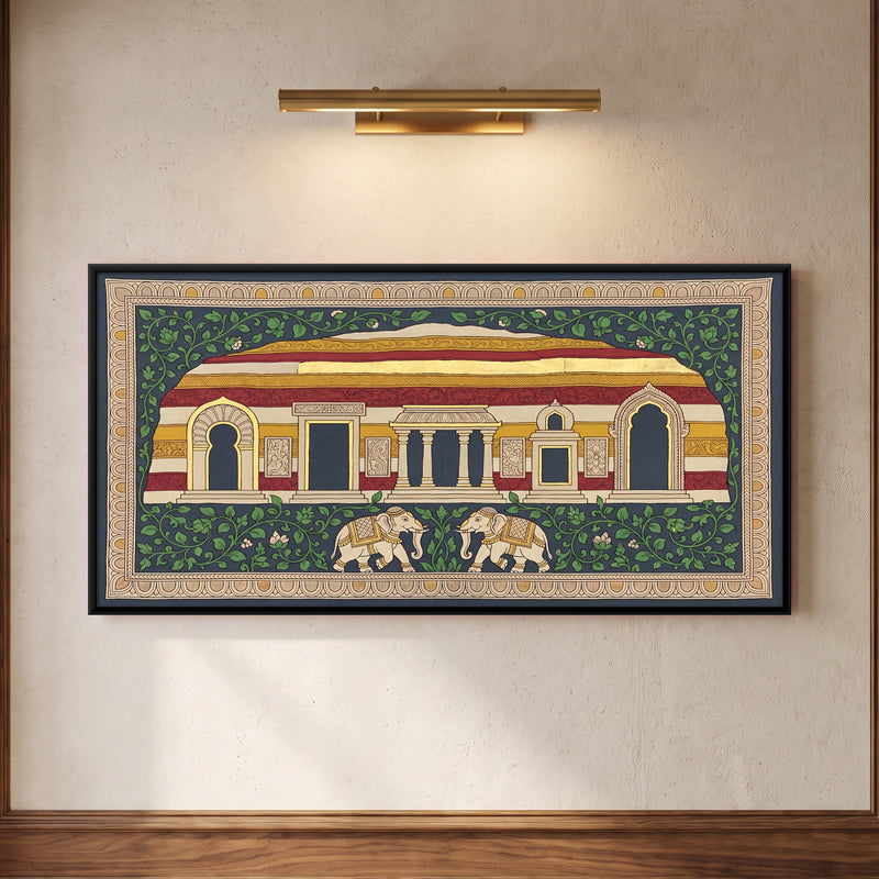 Palace with Elephants - framed canvas art hung on a wall