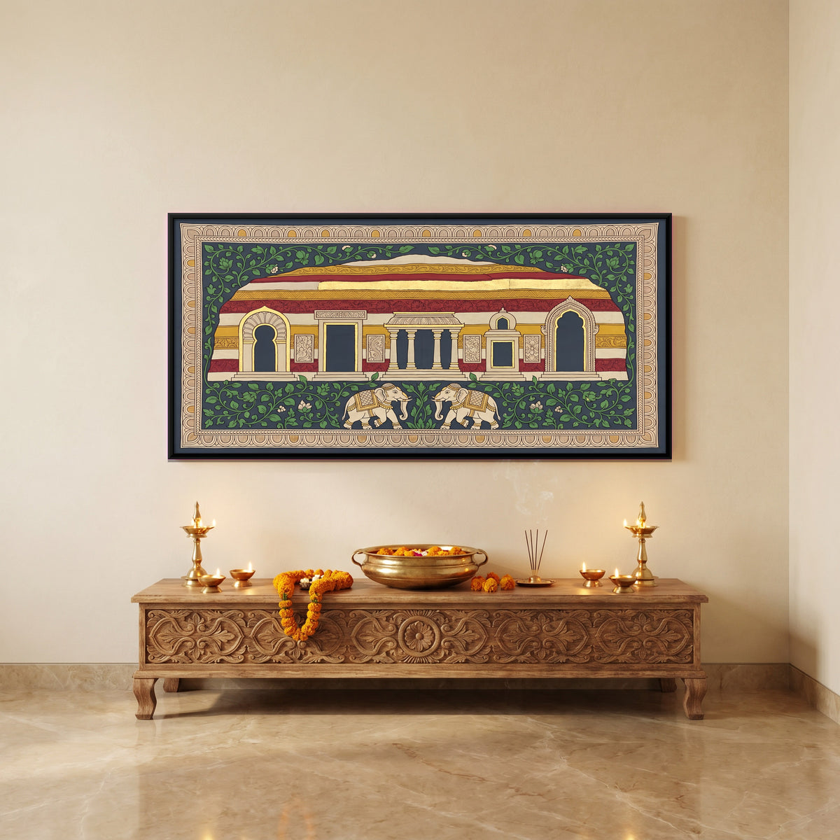 Palace with Elephants - canvas art shown in a second room setting