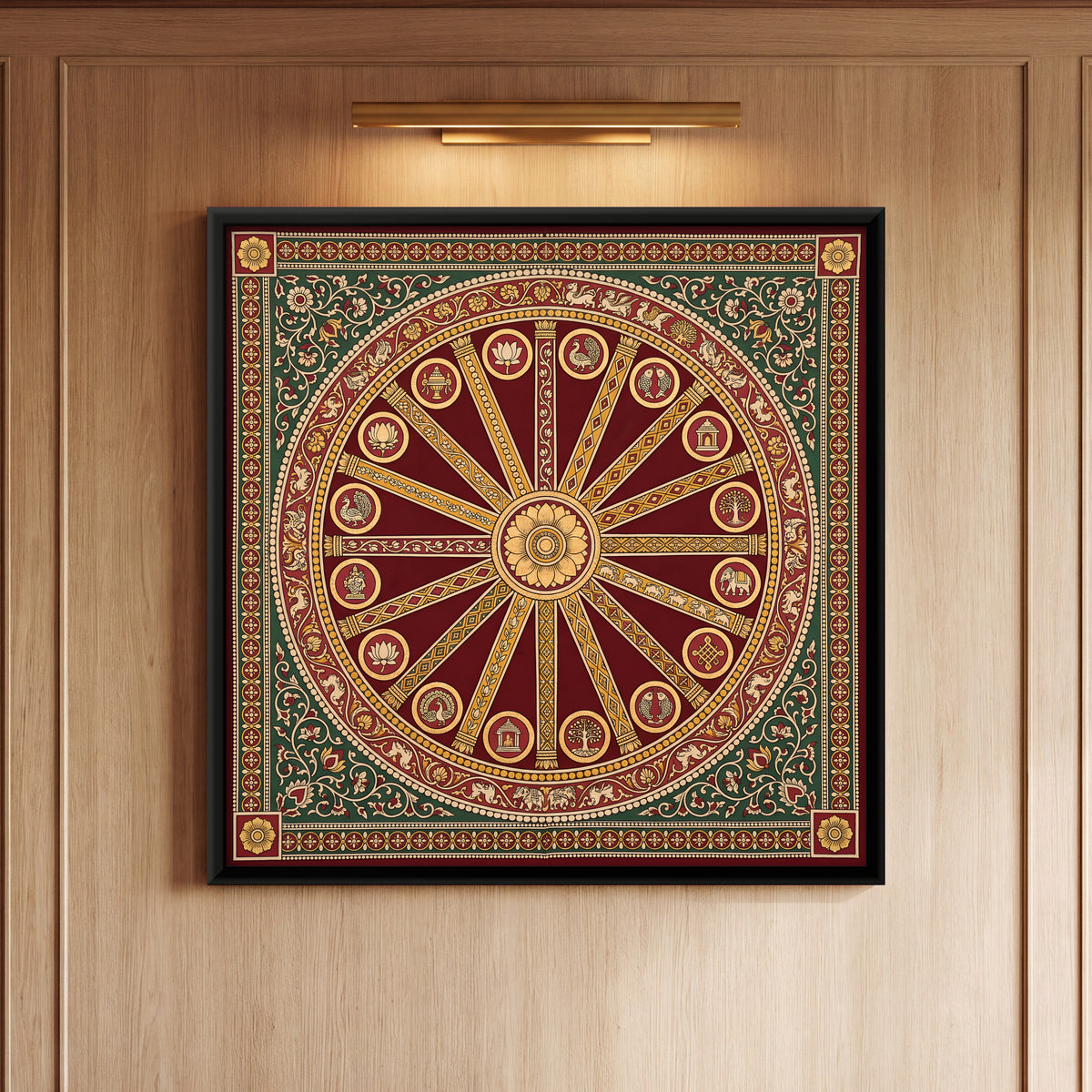 Temple Chariot Wheel - framed canvas art hung on a wall