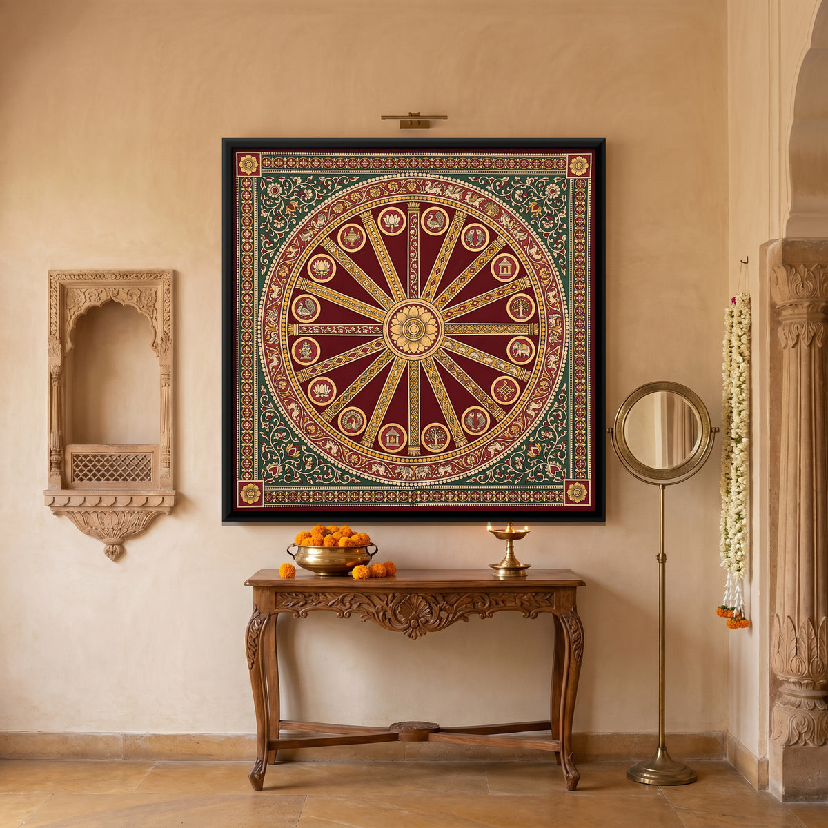 Temple Chariot Wheel - canvas art shown in a second room setting