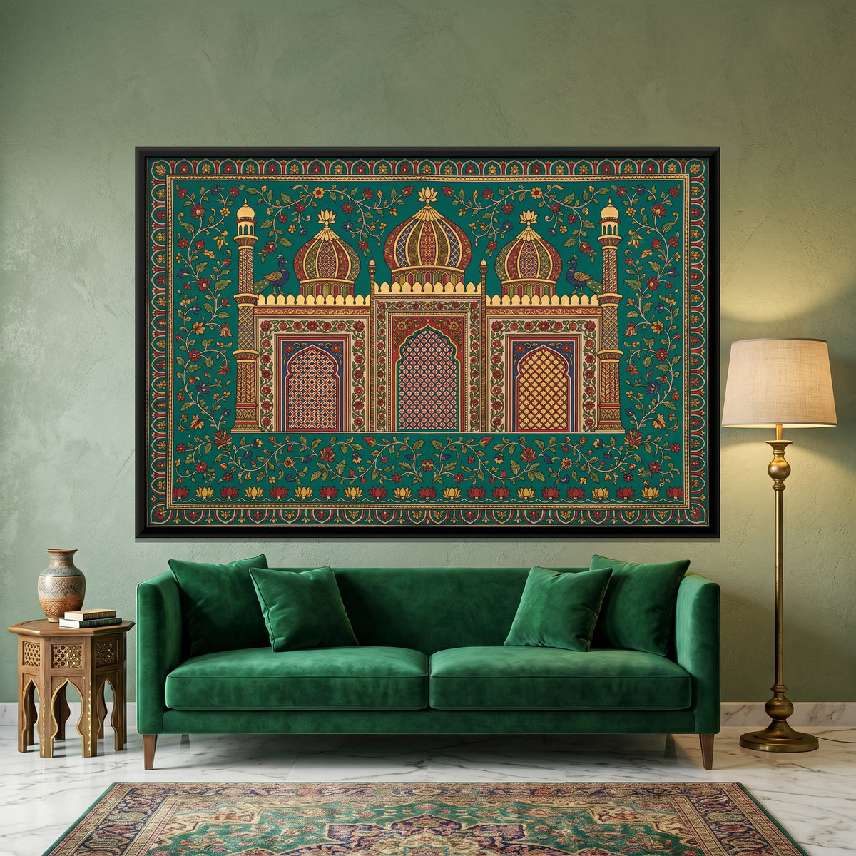 Three Domed Mosque - canvas art shown in a styled room