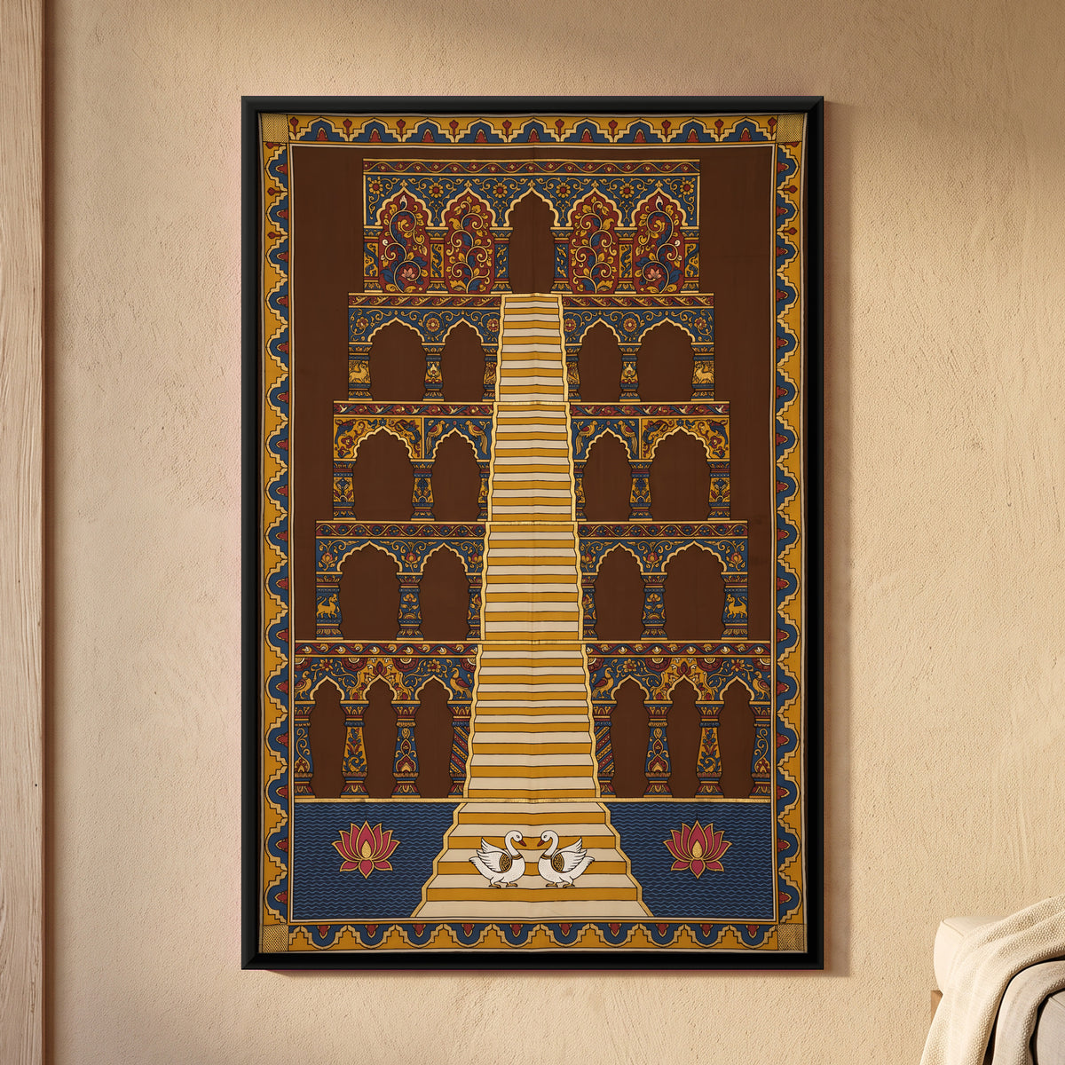 Stepwell with Swans and Lotuses - framed canvas art hung on a wall