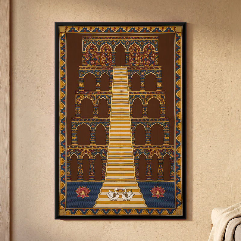 Stepwell with Swans and Lotuses - framed canvas art hung on a wall