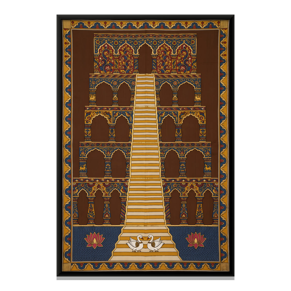 Stepwell with Swans and Lotuses - framed canvas print, front view