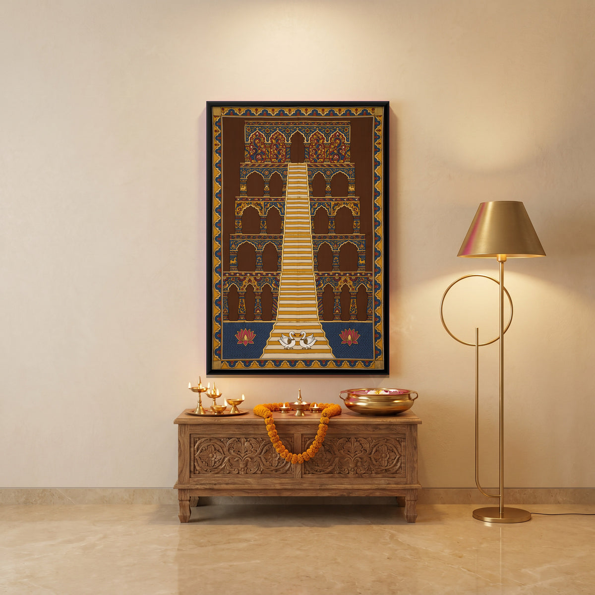 Stepwell with Swans and Lotuses - canvas art shown in a styled room