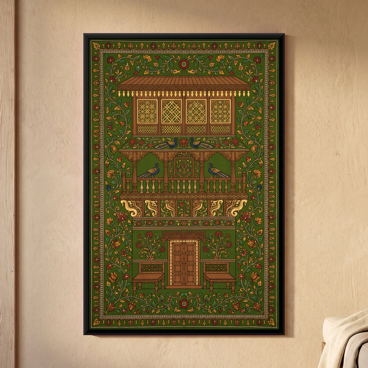 Haveli with Peacocks - framed canvas art hung on a wall