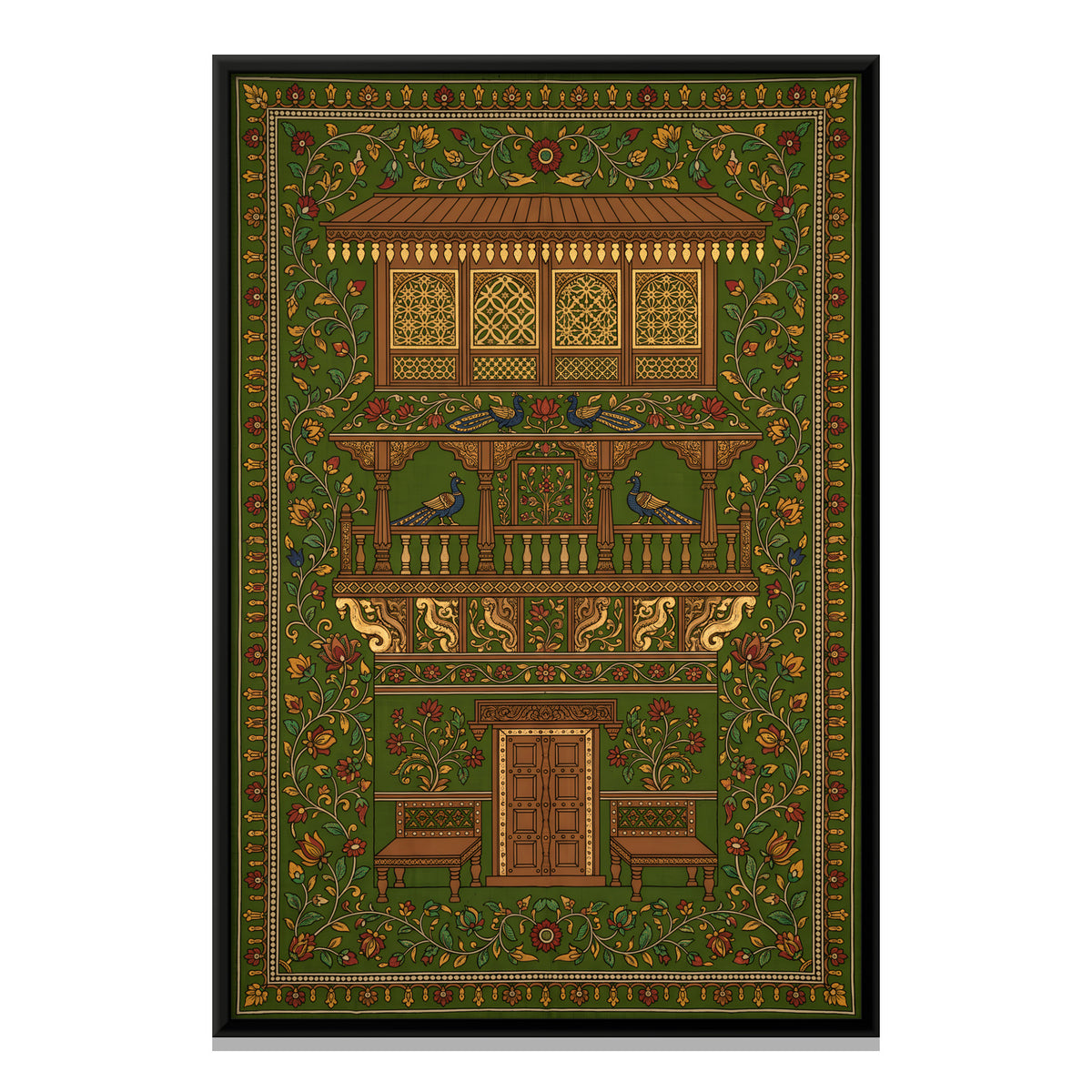 Haveli with Peacocks - framed canvas print, front view