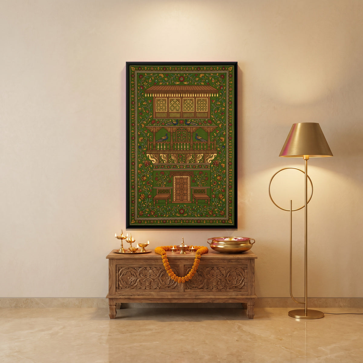 Haveli with Peacocks - canvas art shown in a styled room