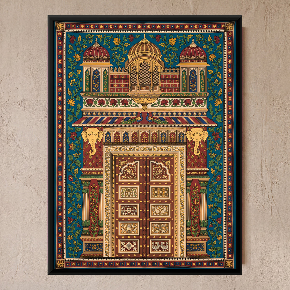 Palace Door with Elephants - framed canvas art hung on a wall