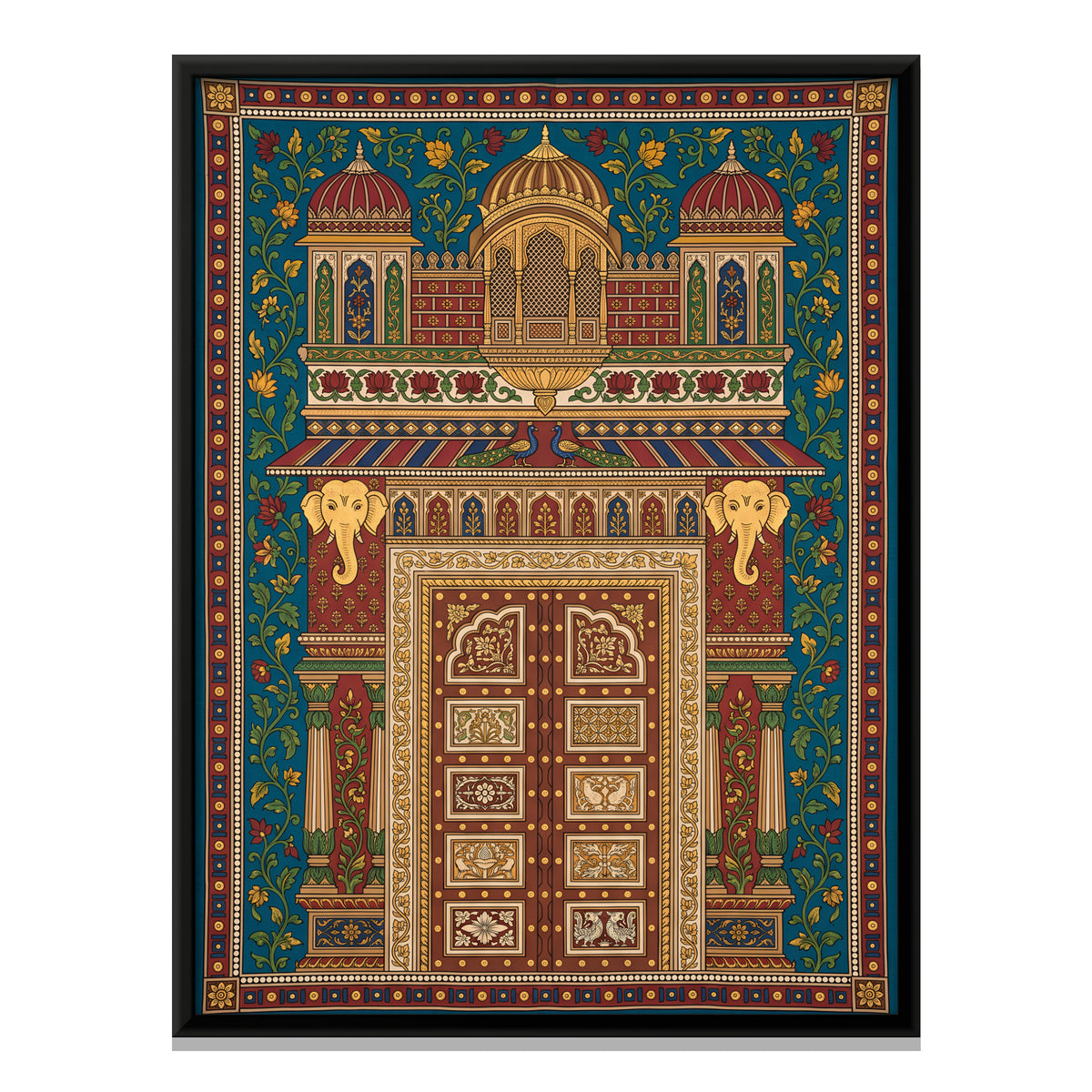 Palace Door with Elephants - framed canvas print, front view
