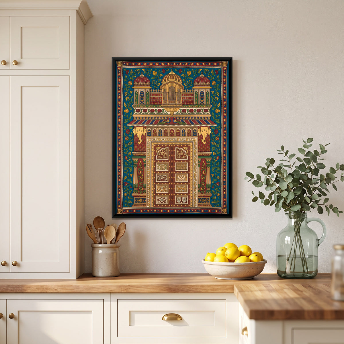 Palace Door with Elephants - canvas art shown in a styled room