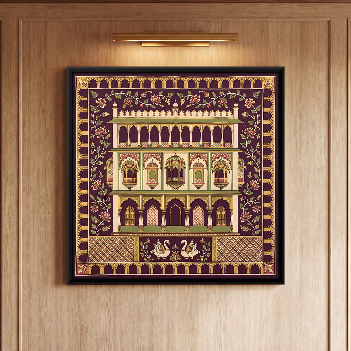 Haveli with Swans - framed canvas art hung on a wall