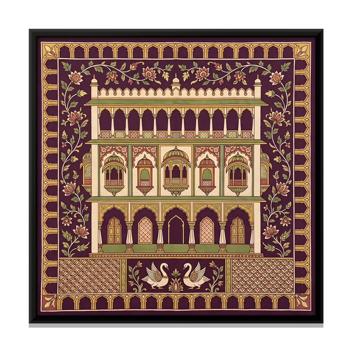 Haveli with Swans - framed canvas print, front view