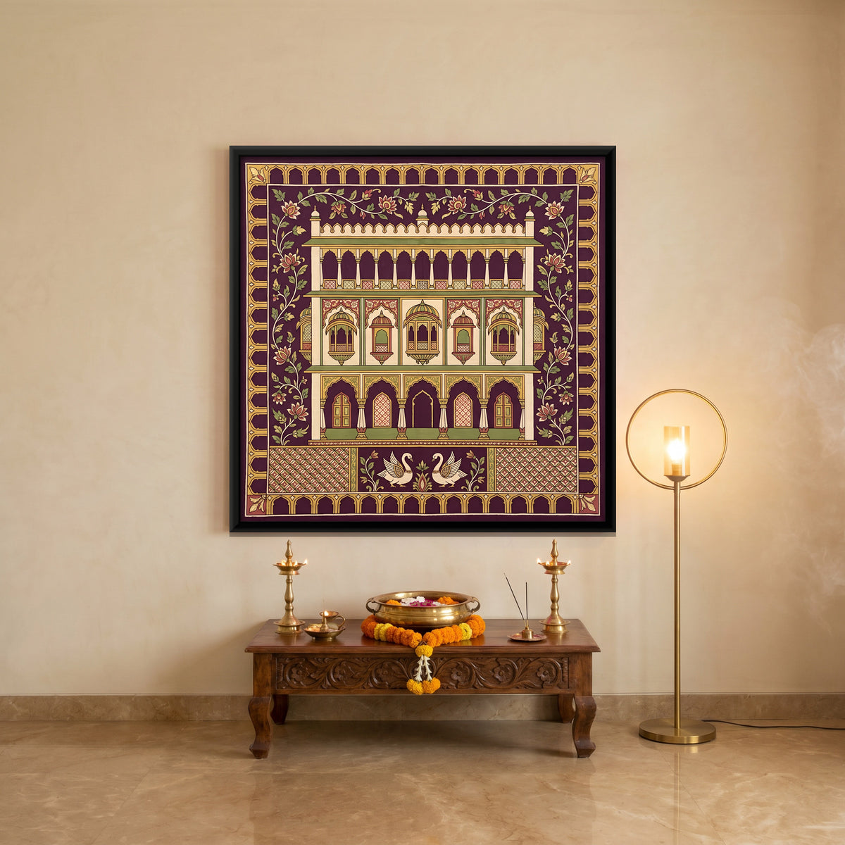 Haveli with Swans - canvas art shown in a styled room