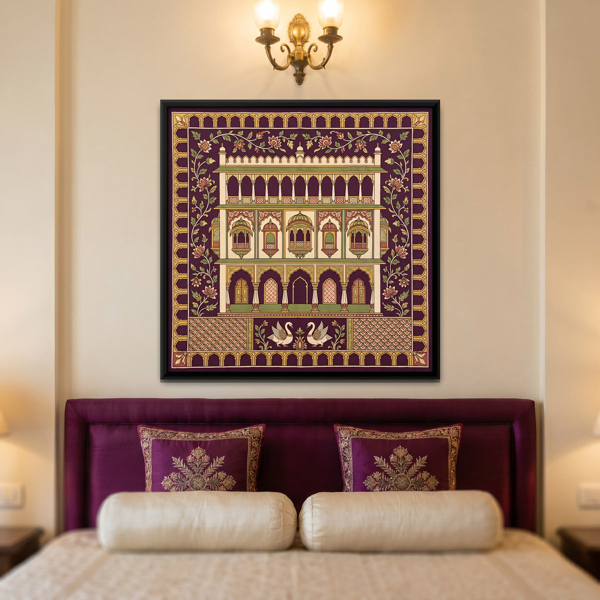 Haveli with Swans - canvas art shown in a second room setting