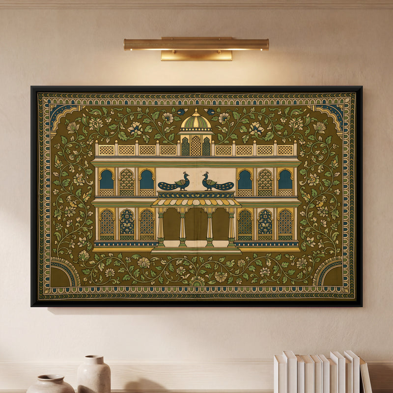 Palace with Peacocks - framed canvas art hung on a wall