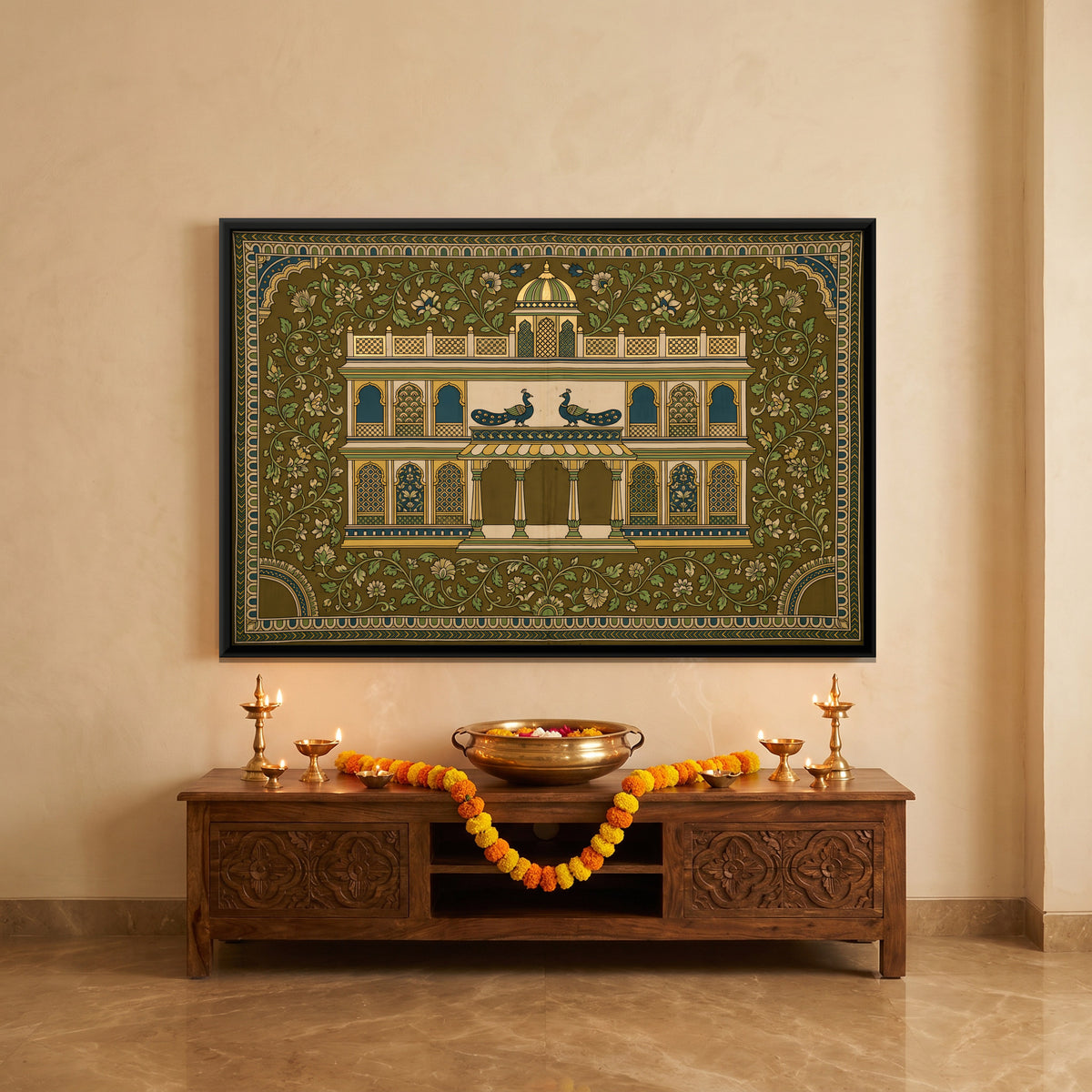 Palace with Peacocks - canvas art shown in a second room setting