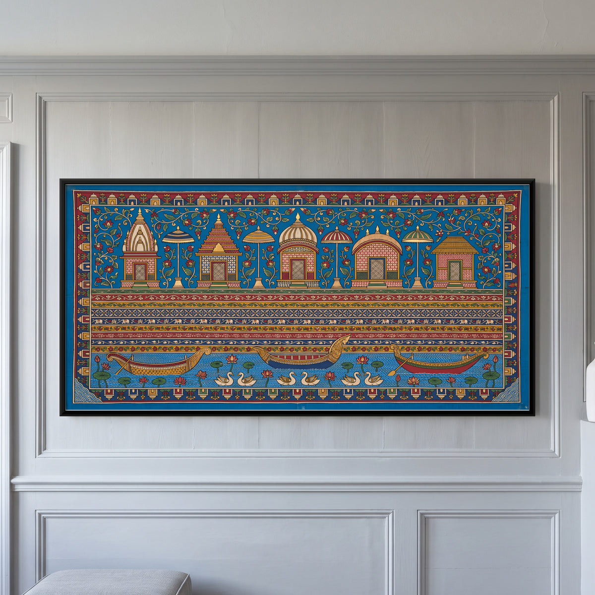 Temple Ghat with Boats - framed canvas art hung on a wall