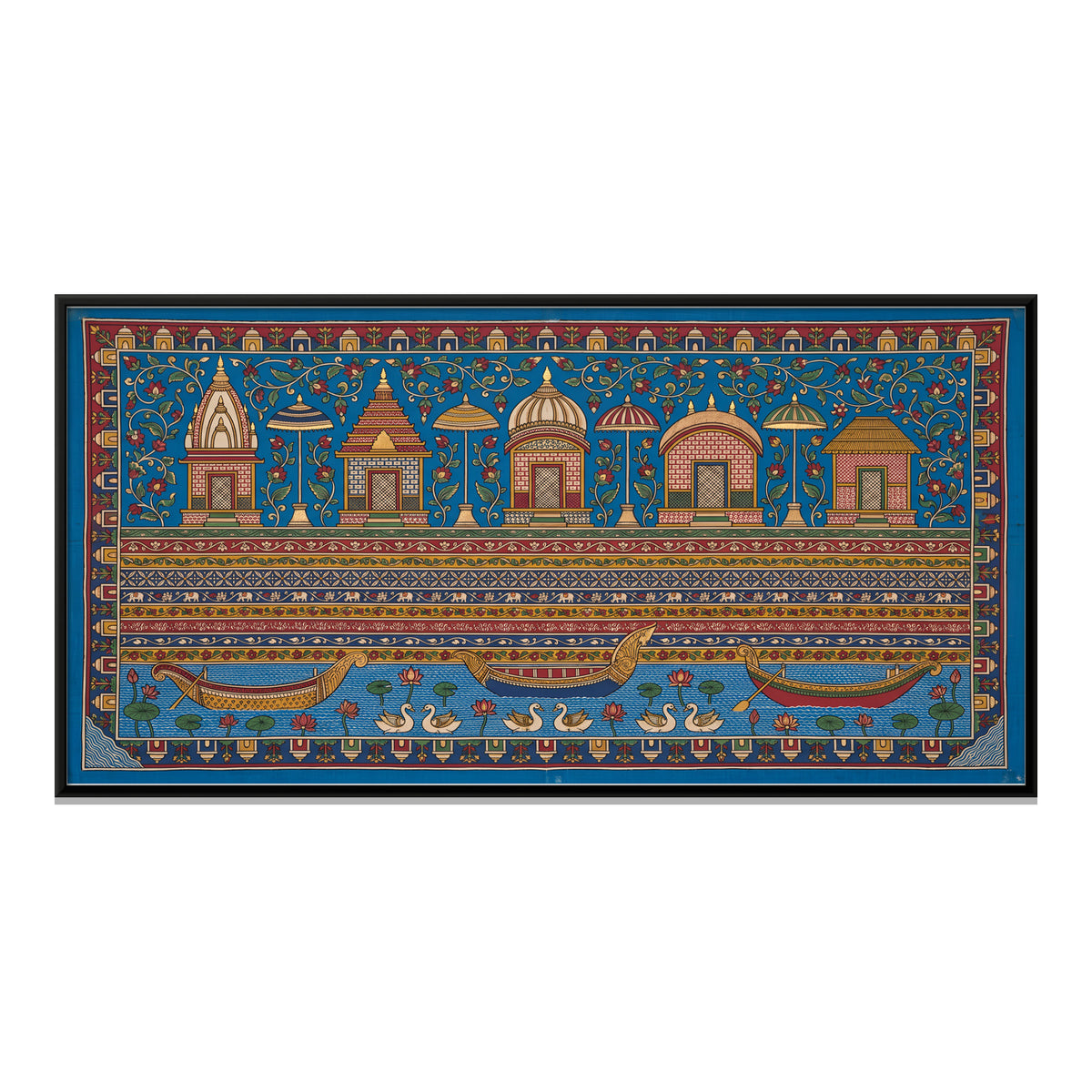 Temple Ghat with Boats - framed canvas print, front view