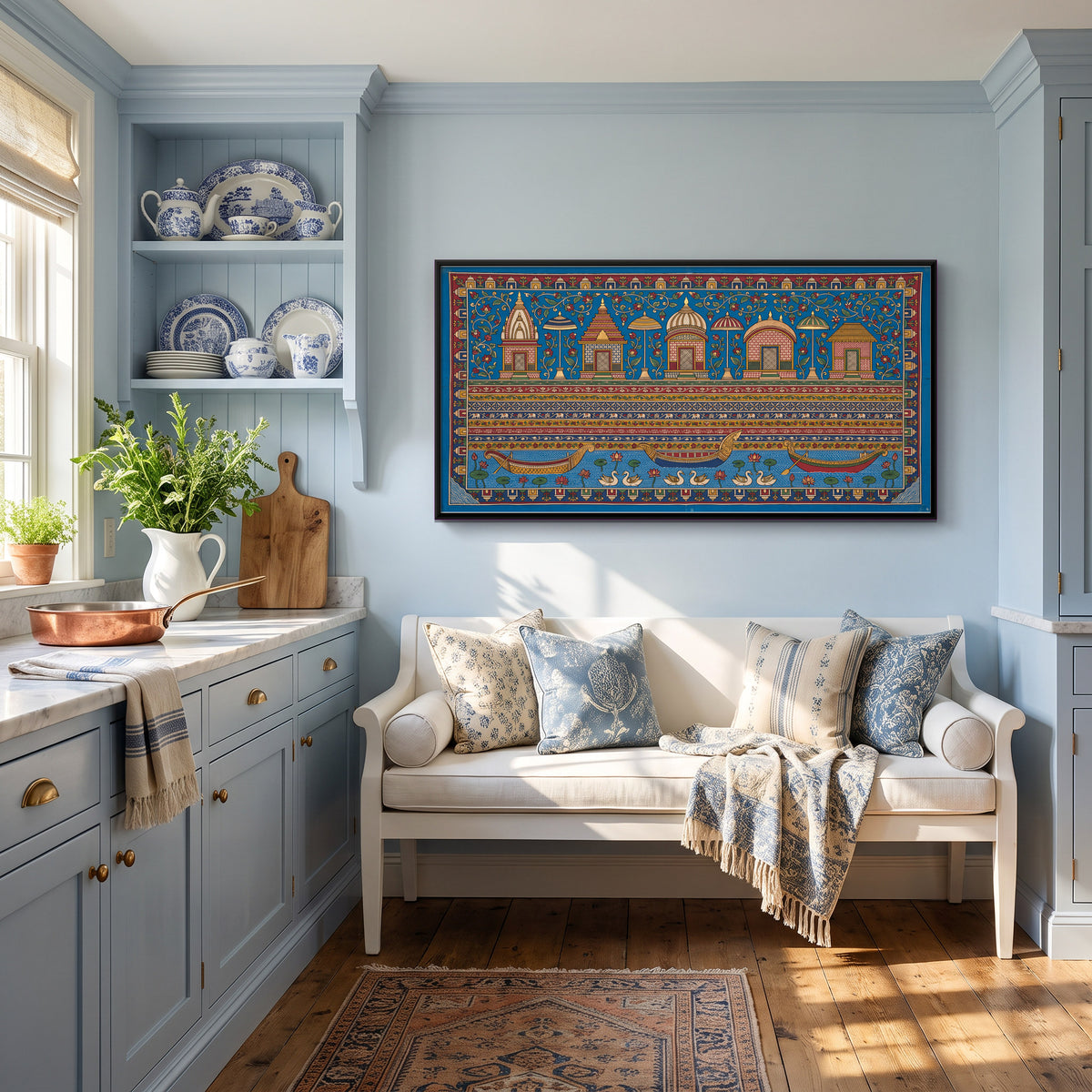 Temple Ghat with Boats - canvas art shown in a styled room