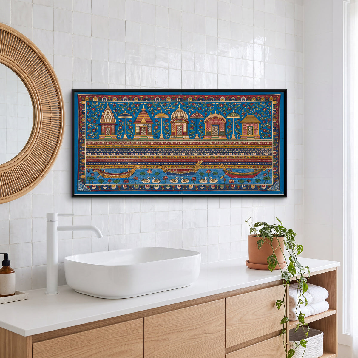 Temple Ghat with Boats - canvas art shown in a second room setting