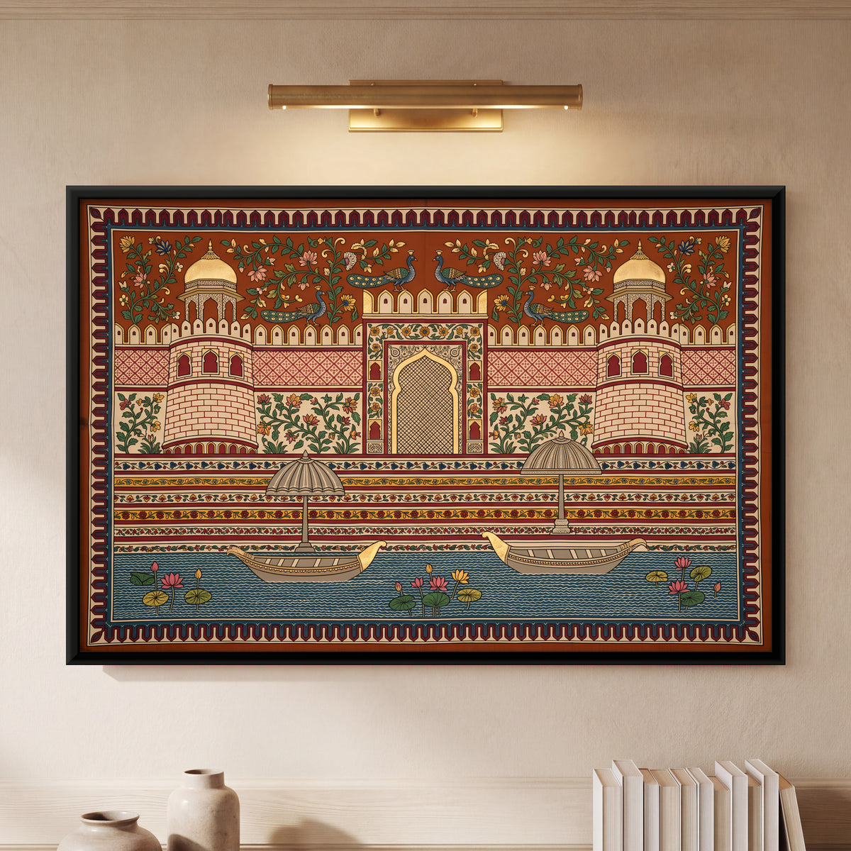 Palace Ghat with Boats - framed canvas art hung on a wall