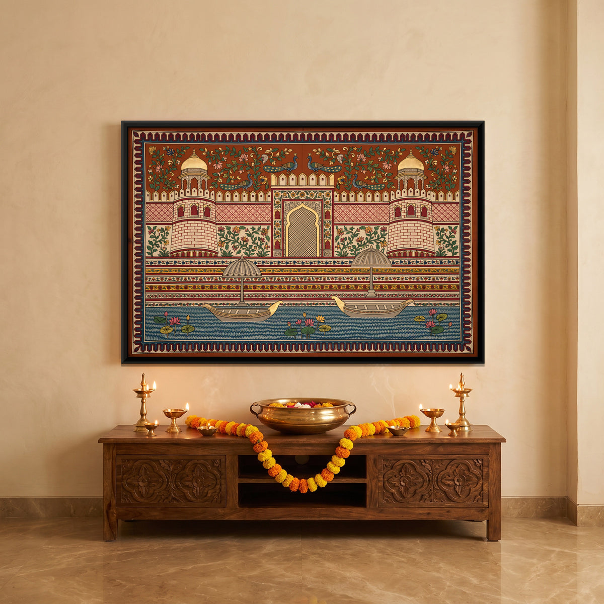 Palace Ghat with Boats - canvas art shown in a second room setting