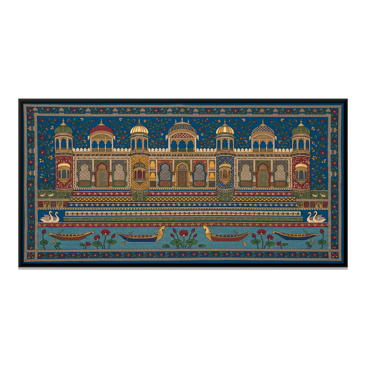 Lakeside Palace with Boats - framed canvas print, front view