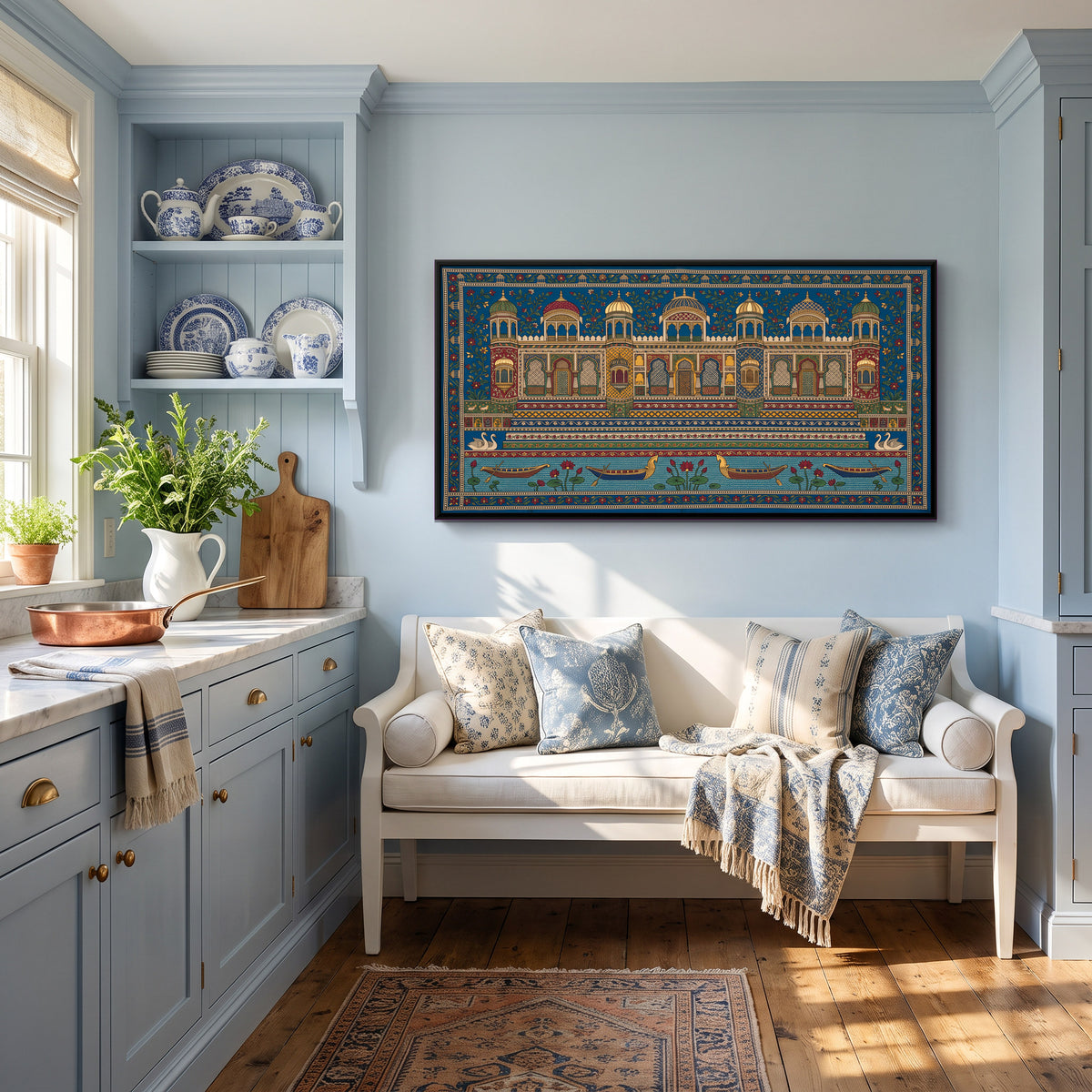 Lakeside Palace with Boats - canvas art shown in a styled room