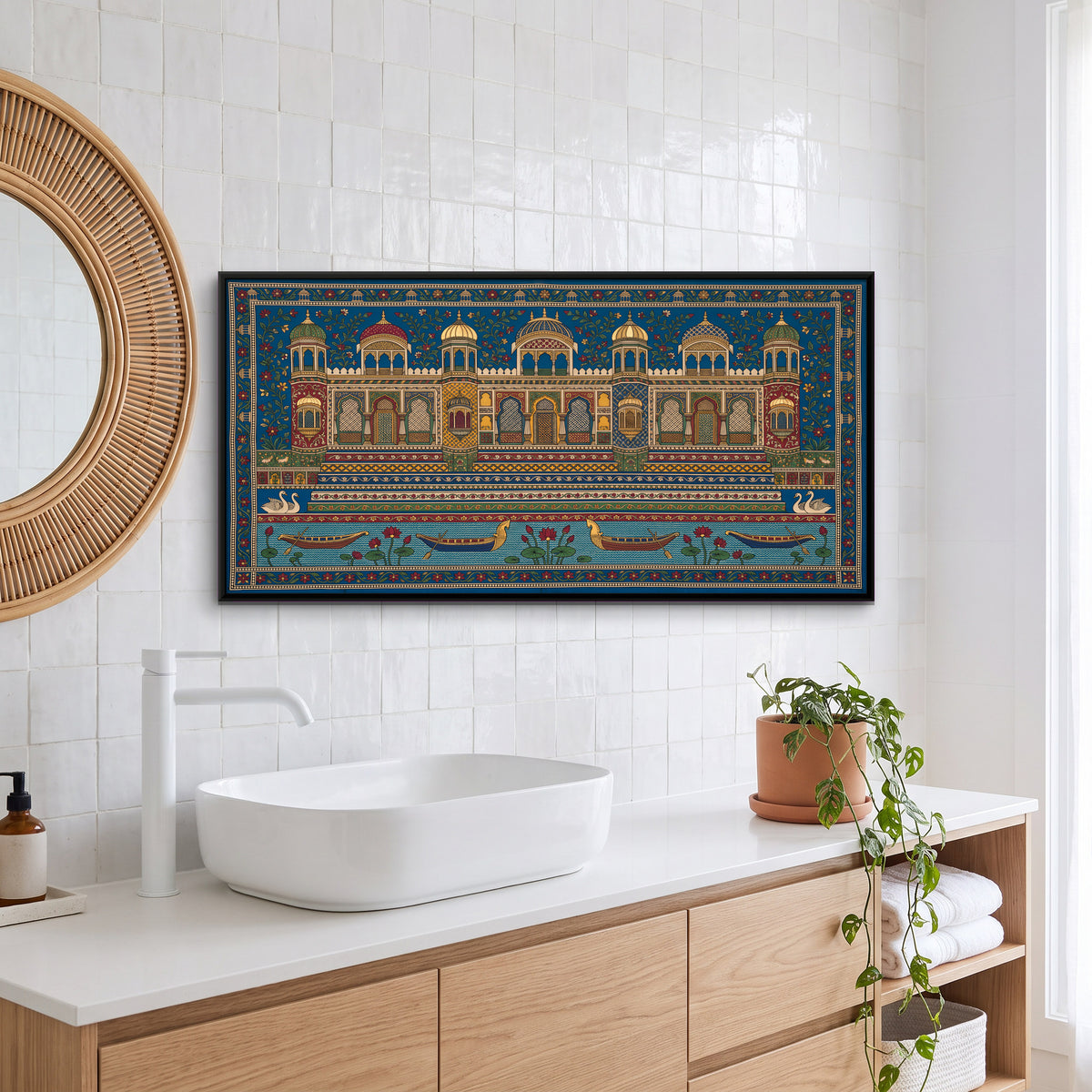 Lakeside Palace with Boats - canvas art shown in a second room setting
