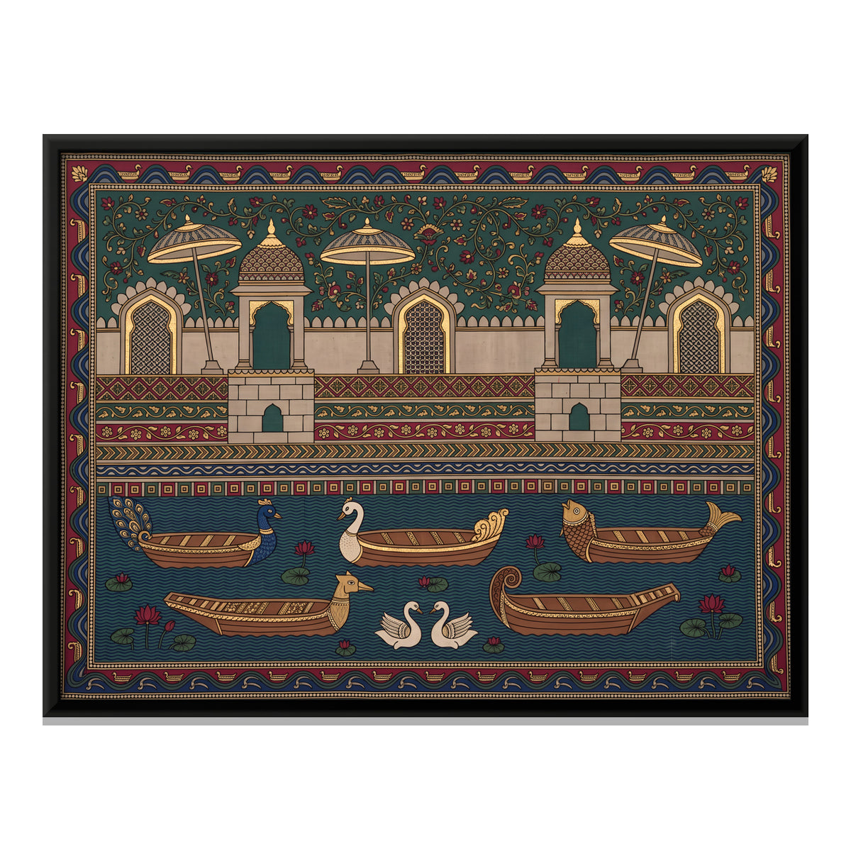 Ghat with Boats and Swans - framed canvas print, front view