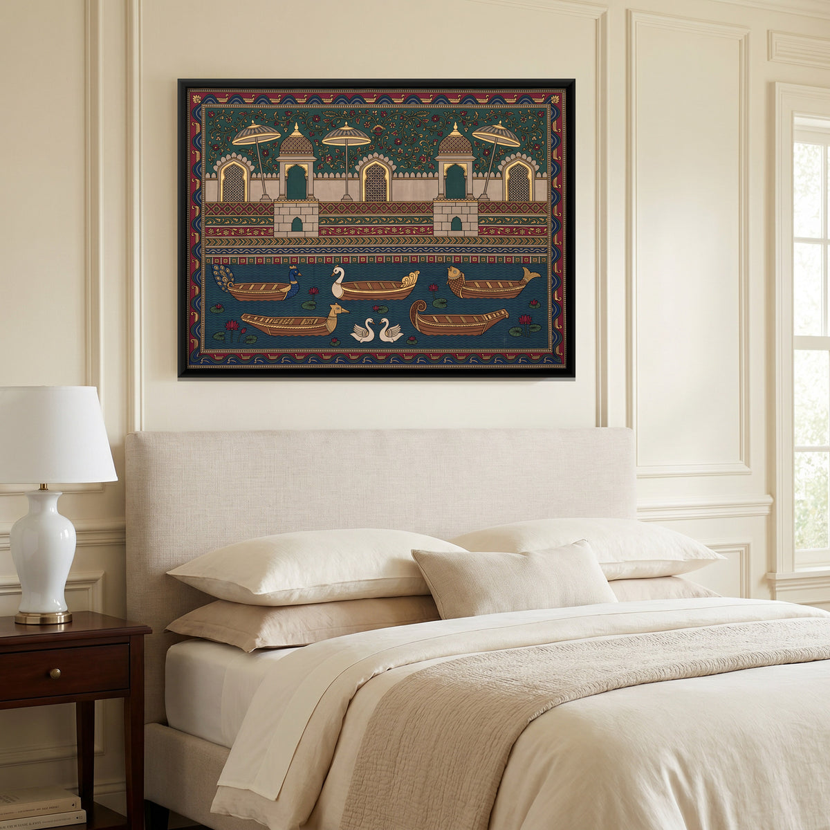 Ghat with Boats and Swans - canvas art shown in a second room setting