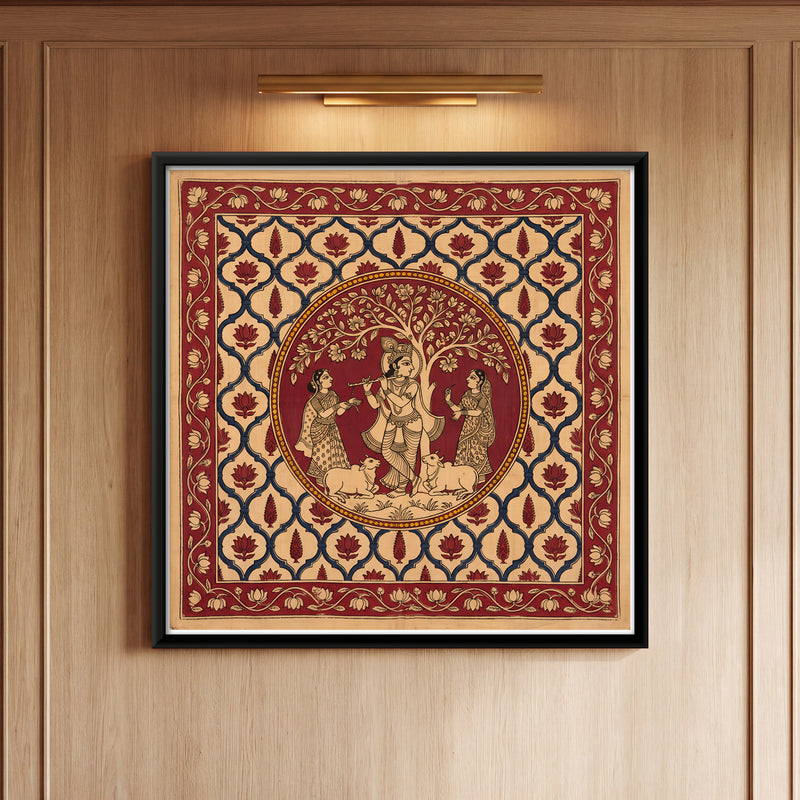 Krishna Playing the Flute with Gopis - framed canvas art hung on a wall