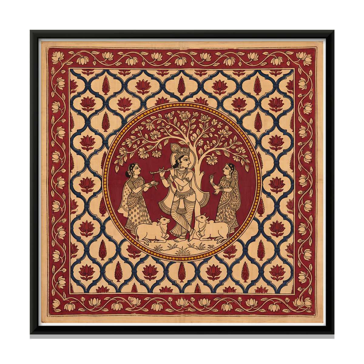Krishna Playing the Flute with Gopis - framed canvas print, front view