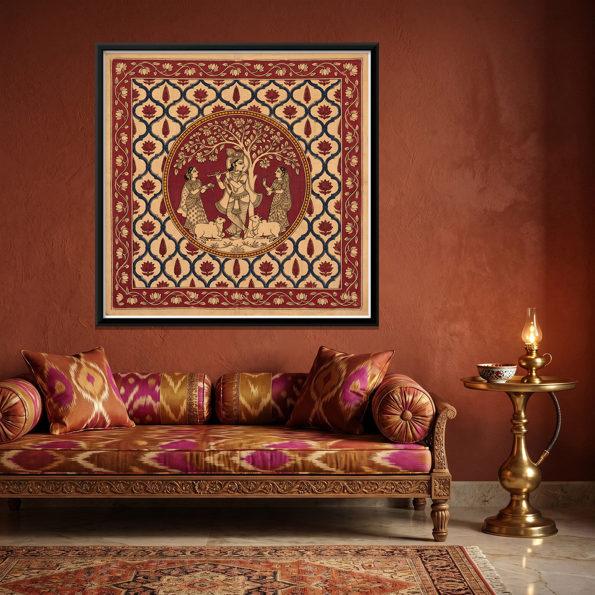 Krishna Playing the Flute with Gopis - canvas art shown in a styled room