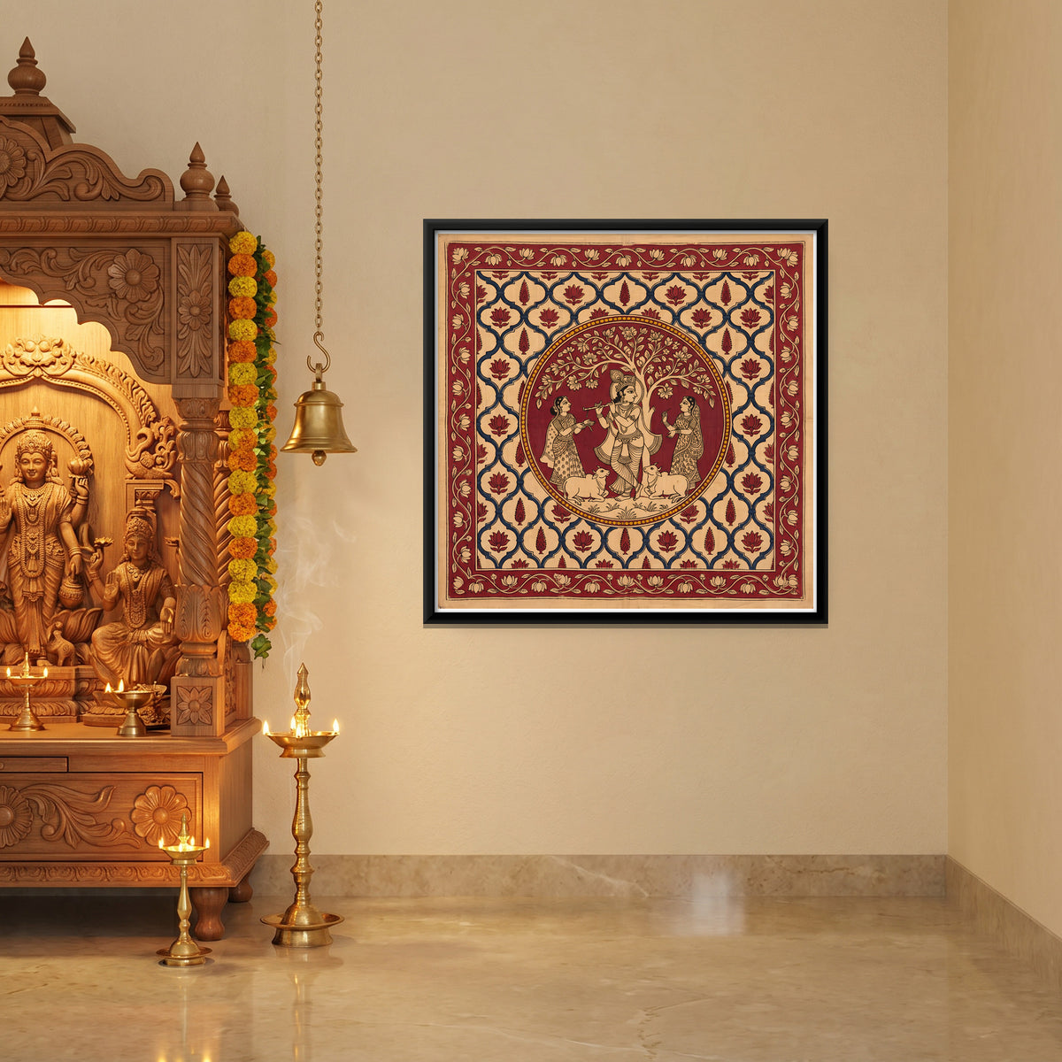 Krishna Playing the Flute with Gopis - canvas art shown in a second room setting