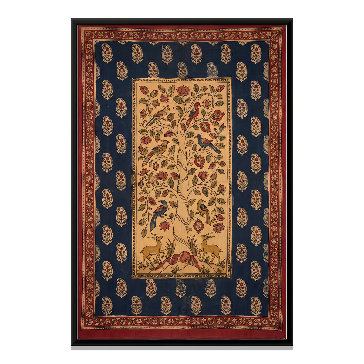 Tree of Life with Birds and Deer - framed canvas print, front view