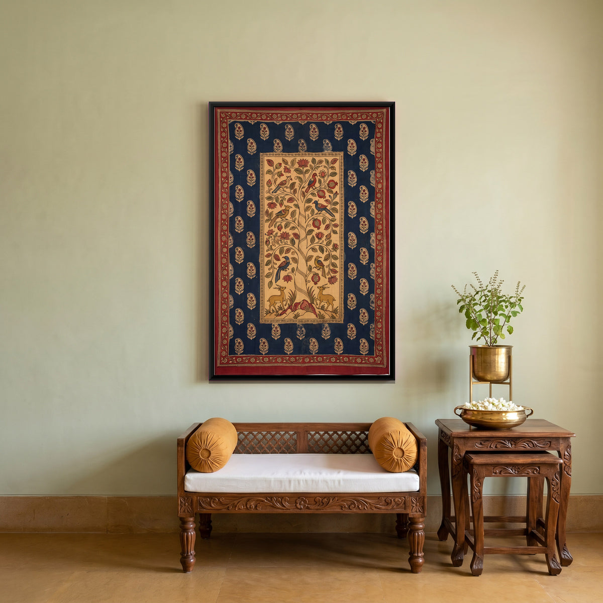 Tree of Life with Birds and Deer - canvas art shown in a styled room