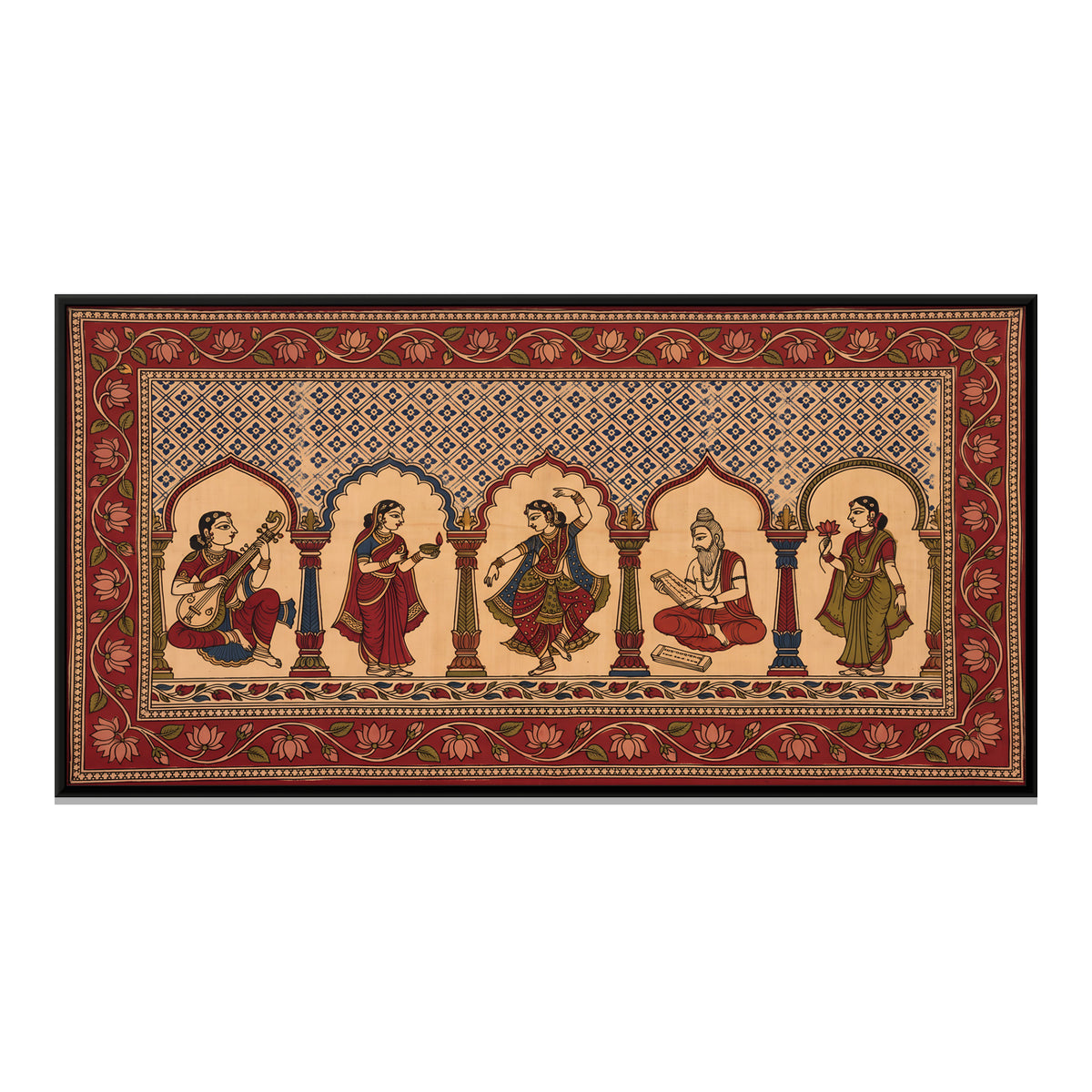 Musician, Dancer and Sage Under Arches - framed canvas print, front view