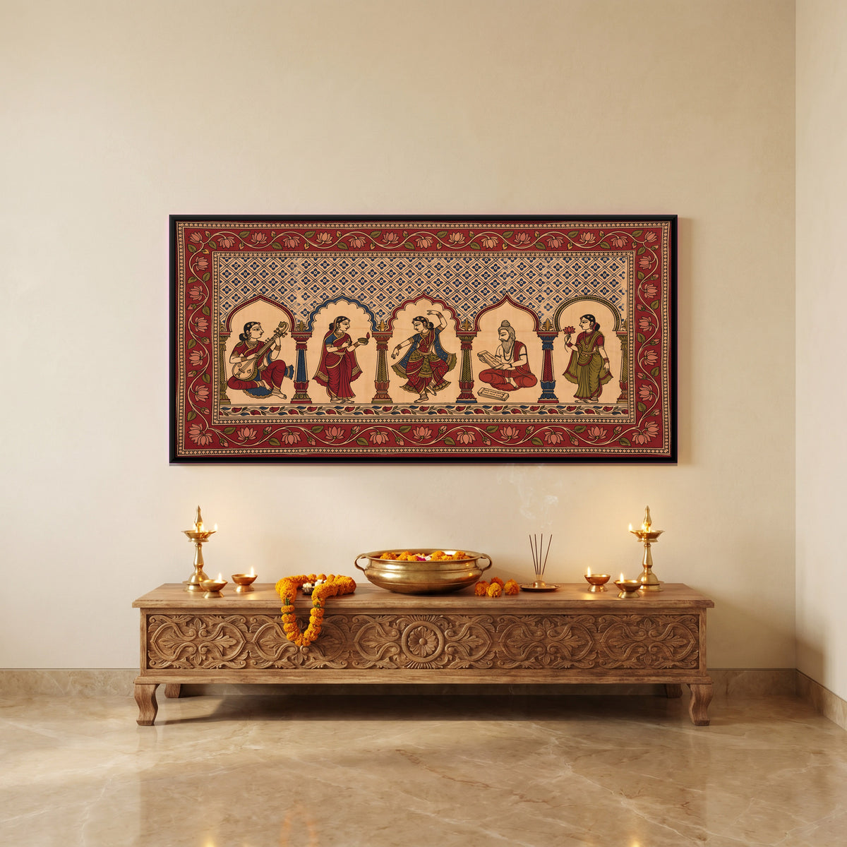 Musician, Dancer and Sage Under Arches - canvas art shown in a second room setting