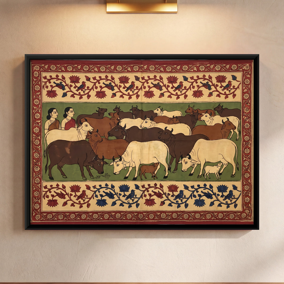 Herd of Cows with Gopis - framed canvas art hung on a wall