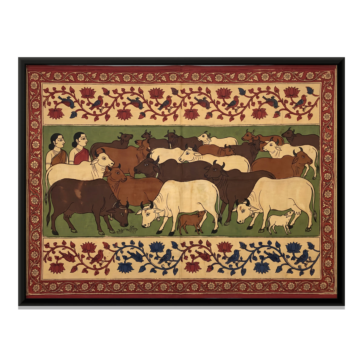 Herd of Cows with Gopis - framed canvas print, front view